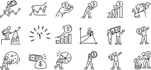 Diverse financial concepts illustrated with stick figures and money symbols finance business