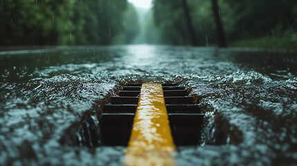 Rainy road with a yellow dividing line, trees lining the distant background. Water flows across the pavement, creating ripples and reflections.