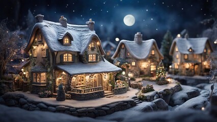 miniature houses in Europe village covered by snow at night with light up decoration. Christmas winter season for holiday background with copy space for text.
