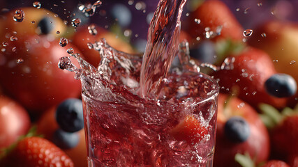 Dynamic Splash of Red Fruit Drink in Glass with Fresh Strawberries and Blueberries