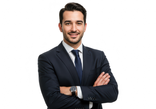 Confident businessman in suit with arms crossed, isolated on transparent background