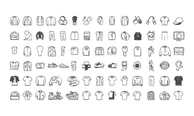 Modern vector illustration clothing and fashion accessories icons in black on a white background, shirts, pants, jackets, dresses, skirts, shoes, underwear, hats, and watches, easily editable. 
