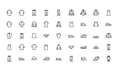 Modern vector illustration clothing and fashion accessories icons in black on a white background, shirts, pants, jackets, dresses, skirts, shoes, underwear, hats, and watches, easily editable. 