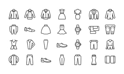 Modern vector illustration clothing and fashion accessories icons in black on a white background, shirts, pants, jackets, dresses, skirts, shoes, underwear, hats, and watches, easily editable. 