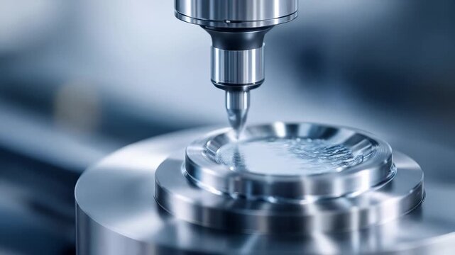 Cnc milling machine precision cutting metal workpiece with rotating spindle tool in industrial manufacturing workshop. Advanced computer controlled machining technology for automotive, aerospace