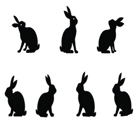 Seven black rabbit silhouettes in various poses bunny with white background.




