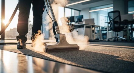 Worker steam cleaning office carpet