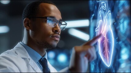 Scientific Breakthrough: A dedicated scientist in a pristine lab coat and spectacles intently analyzes a cutting-edge digital representation of the human heart.