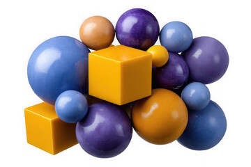 Abstract arrangement of colorful spheres and cubes isolated on transparent background