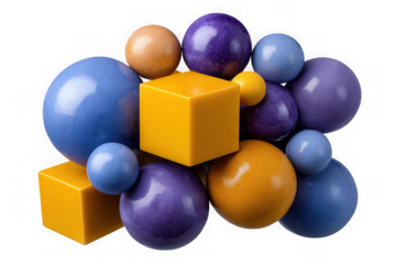 Abstract arrangement of colorful spheres and cubes isolated on transparent background