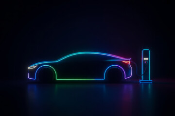 Electric car charging station neon outline futuristic