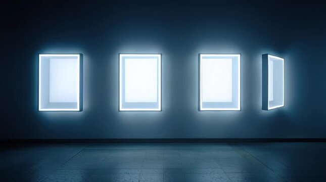 four frameless white LED screens aligned on dark blue wall in minimalist light gallery mysterious ambiance close-up view high quality photography parametric architecture