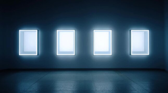 four frameless white LED screens aligned on dark blue wall in minimalist light gallery mysterious ambiance close-up view high quality photography parametric architecture
