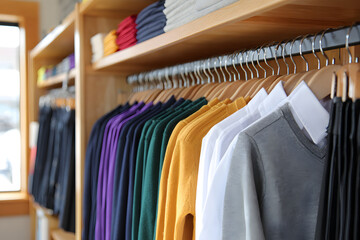Fototapeta premium Fashion display of colorful sweaters in a retail store Generative AI