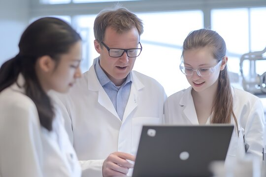 university students gathered around a lecturer who is pointing at a laptop screen in a bright science lab