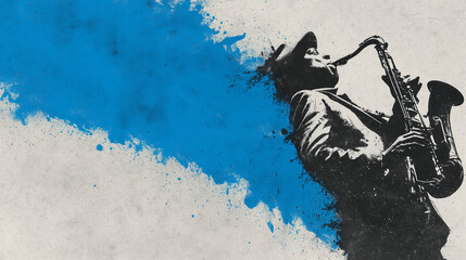 A stencil-style illustration of a saxophonist, his music flowing out as a dynamic splash of blue paint. A concept of jazz, soul, and creative expression.