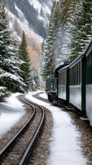 A vintage steam train journeys through snow-covered mountains and towering pines, capturing the spirit of winter adventure
