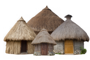 Collection of traditional thatched roof huts isolated on transparent background