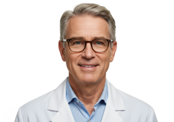 Smiling middleaged doctor in lab coat wearing glasses isolated on transparent background