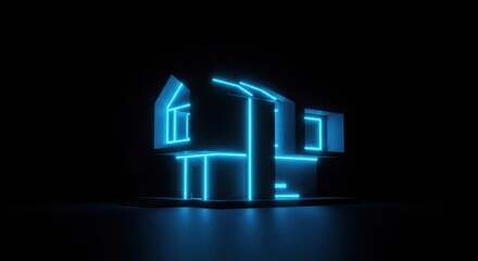 Illuminated architectural model glows against a stark black background, showing modern design.