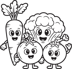 Obraz premium Happy cartoon vegetables standing together carrot tomato