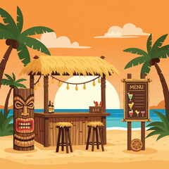 A tropical tiki bar on a sandy beach at sunset with palm trees and an ocean view.
