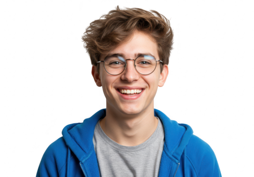 Happy young man in hoodie wearing glasses isolated on transparent background
