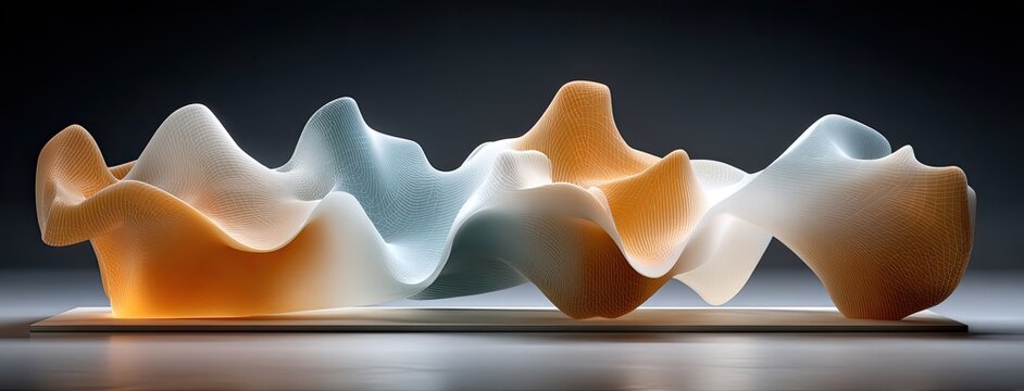 Colorful organic shapes made of lines and meshes stand out against a black background, creating a compelling visual contrast