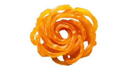 A single jalebi pastry with a spiral shape and bright orange color on a transparent background centered