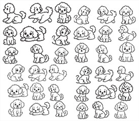 Cute Puppy Poses Set &ndash; Black and White Cartoon Dog Line Art Collection

