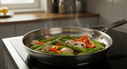 Vegetables including asparagus, mushrooms, and red peppers are being sauteed in a silver frying pan on a stovetop.