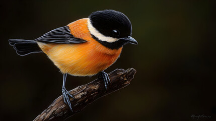 Fototapeta premium Closeup Portrait Of A Small Orange And Black Bird On A Branch