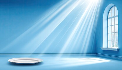 Empty white plate on a light blue  backdrop with sunbeams.