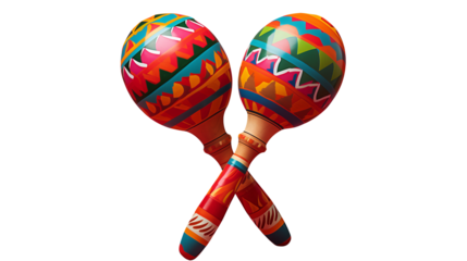 A pair of colorful maracas crossed against a  transparent  background with vibrant patterns on them
