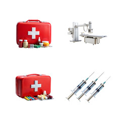 Medical first aid kit with supplies and syringes isolated on transparent background