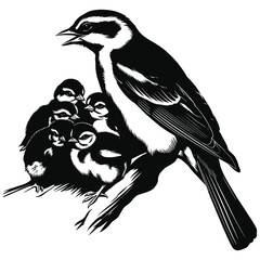 Naklejka premium Silhouette of a bird feeding its chicks in nest symbolizing motherhood, nurturing care, and parental love