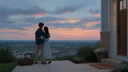 A couple shares a warm embrace on a porch at sunset, capturing a serene moment after their trip. - Powered by Adobe