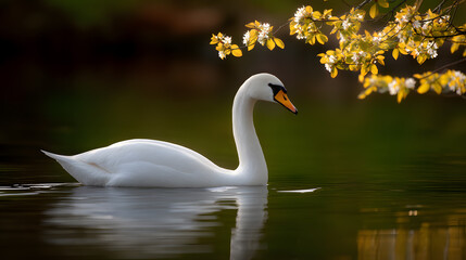 Obraz premium Graceful Swan in Serene Waters: A majestic swan glides peacefully across calm waters beneath the dappled sunlight filtering through overhanging branches and capturing the elegance of this moment.