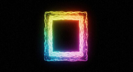 A glowing, textured square frame emits a vibrant rainbow spectrum of colors against a stark black background.