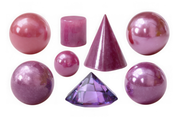 Collection of shiny geometric shapes with pearlescent finish isolated on transparent background