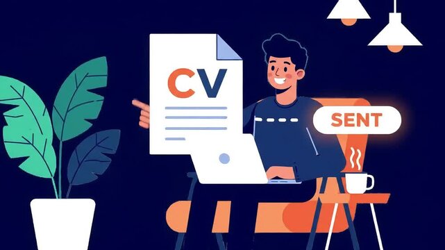 Man pointing at profile on document while using laptop in bright illustration