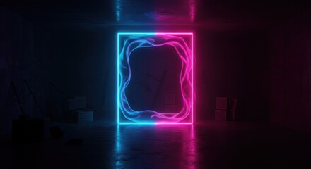 A glowing neon frame illuminates a dark room with abstract, flowing energy.