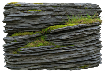 Layered rock with moss and grass isolated on transparent background
