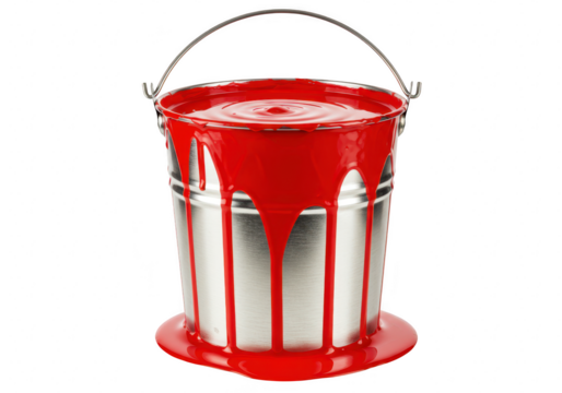 A metal bucket filled with red paint, dripping down the sides, isolated on transparent background