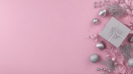 Beautifully Wrapped Silver Gift Box Surrounded by Sparkling Ornaments on a Pink Background