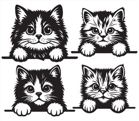 Obraz premium Cute Fluffy Kitten Face – Black and White Cartoon Cat Illustration