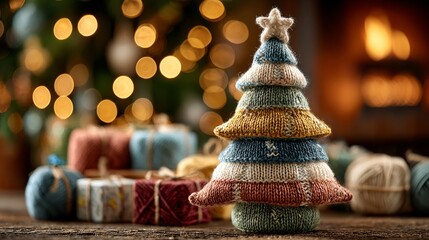 Colorful Knitted Christmas Tree Decoration Surrounded by Cozy Yarn and Soft Lights