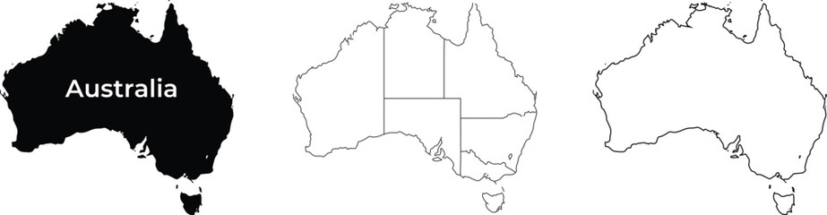 Vector Map of Australia Collection. Featuring Solid Silhouette and Outline Maps with State and Territory Regions for Geography and Travel Designs.   © Meizan 