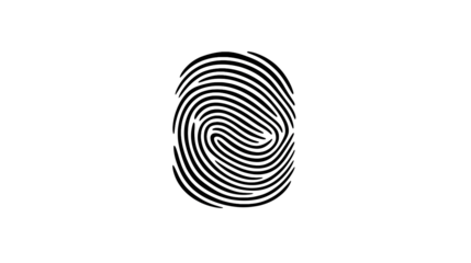 A grayscale image showcasing a detailed fingerprint pattern against a transparent background centered in frame