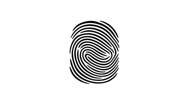 A grayscale image showcasing a detailed fingerprint pattern against a transparent background centered in frame
